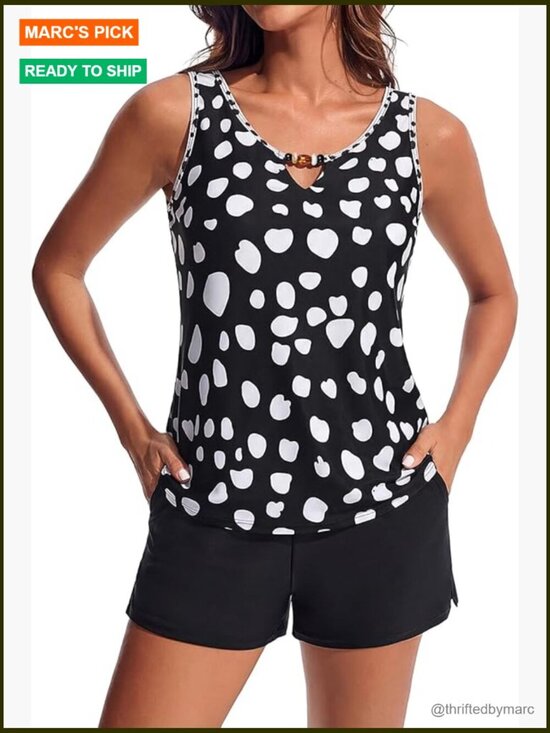 Other - Two Piece Tankini Swimsuit with Beads, Sporty Swim Shorts Pockets, Modest